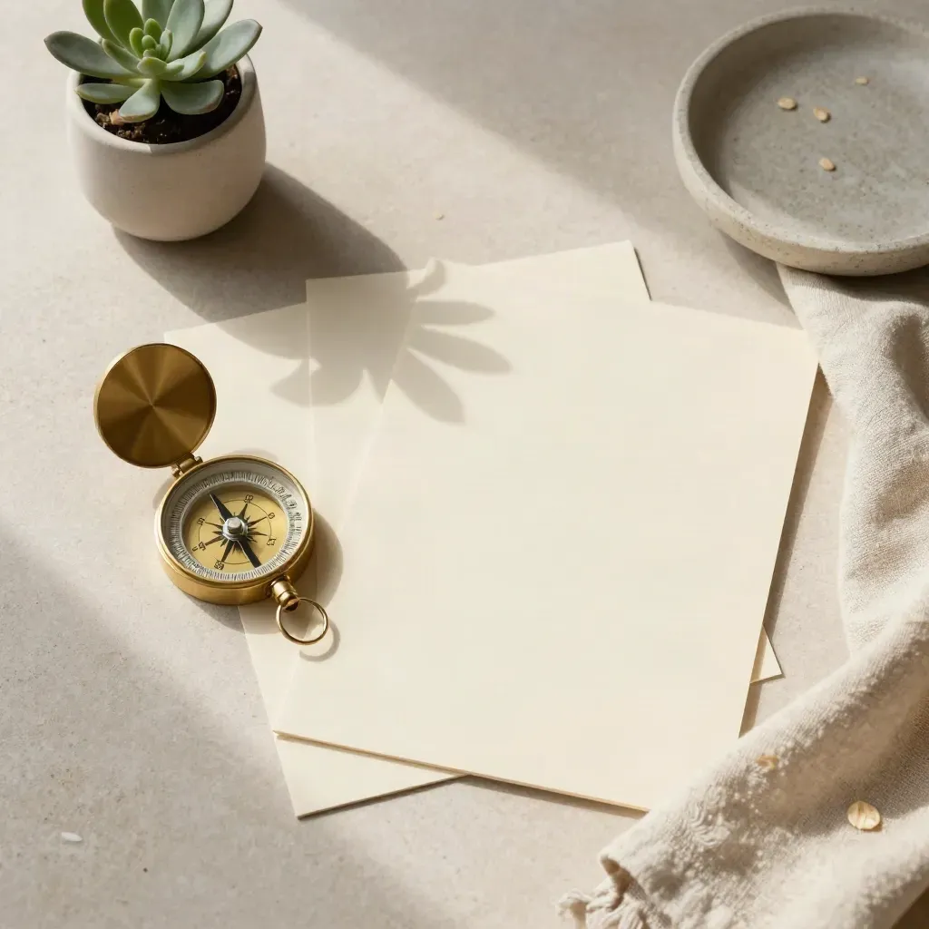 Overhead flatlay of a brass compass, planning cards, plant, linen cloth, and stone dish.