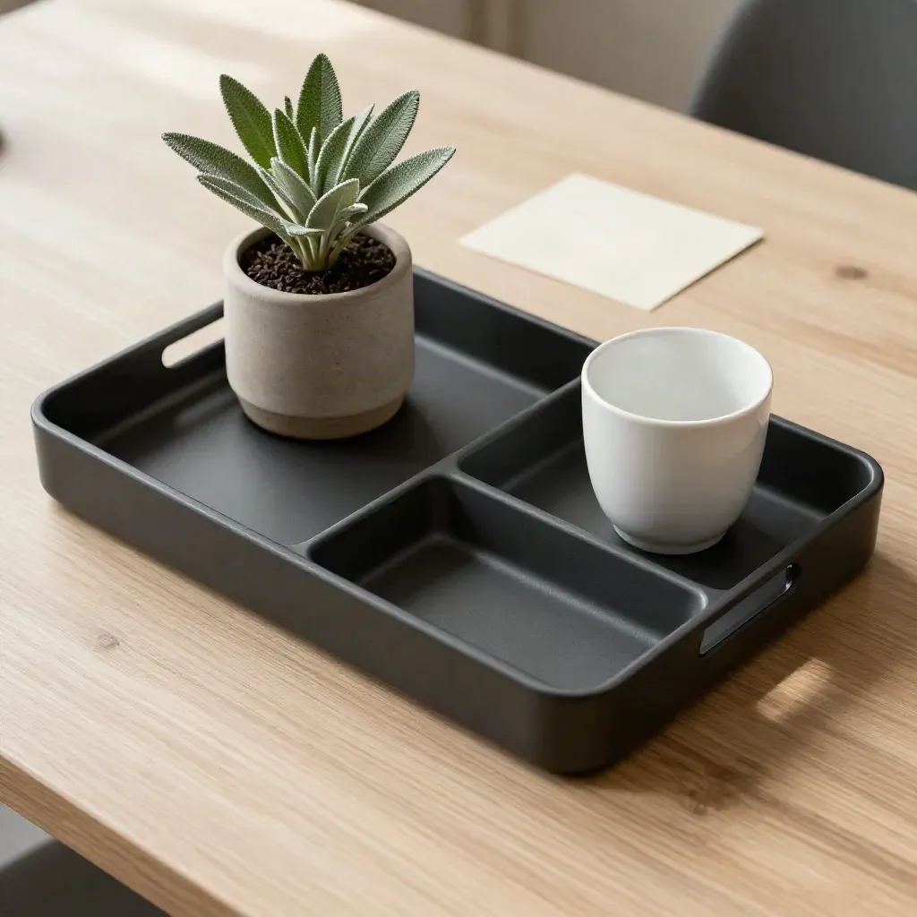 Matte black workflow tray, plant, and ceramic cup on a pale wood desk