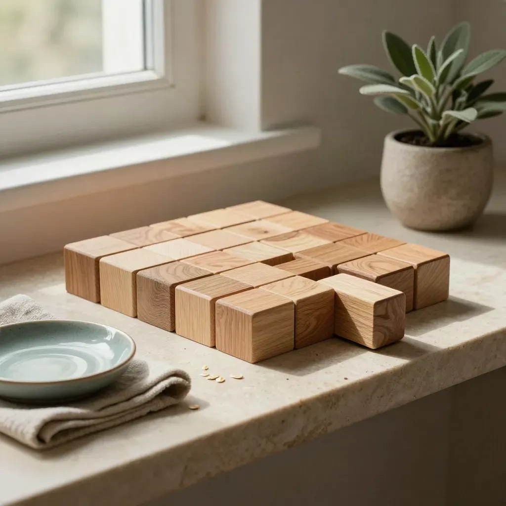 Overhead still-life of wooden process blocks, cloth, dish and plant on a neutral shelf.