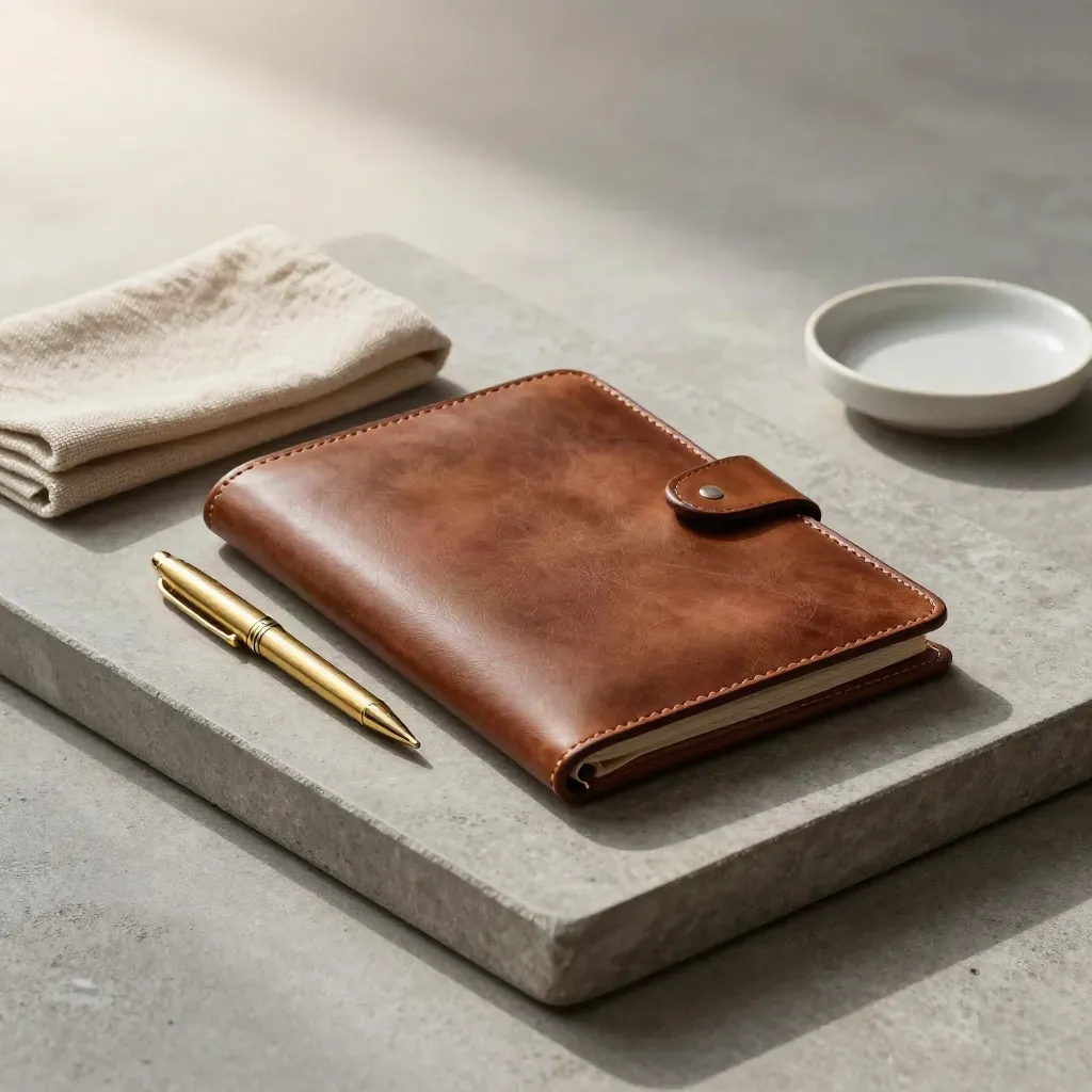 Leather decision folio, brass pen, linen cloth and ceramic dish on a stone tray.