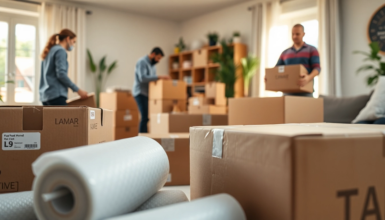Professional Packing Services team efficiently packing boxes in an organized living room setting.