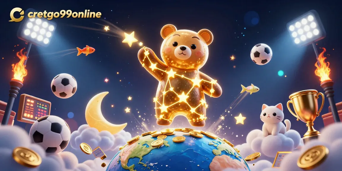 Cretgo99online offers a vibrant gaming experience showcasing a constellation bear and dynamic sports elements.