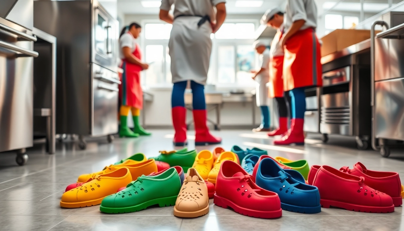 In a vibrant kitchen, chefs wearing zoccoli antinfortunistici ensure safety and comfort while preparing food.