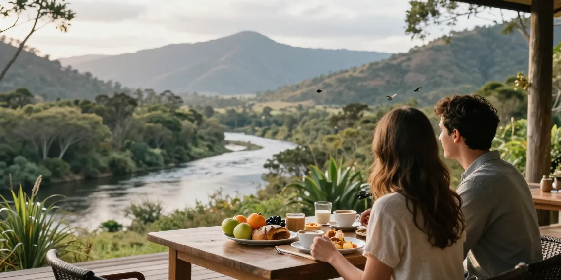 Magaliesburg Accommodation: couple enjoying a romantic breakfast with a scenic mountain view.