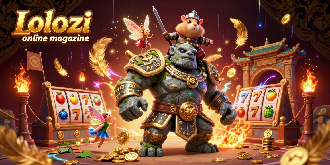 Lolozi online magazine showcases a magical casino scene with a golem, a fairy, and a knight, surrounded by slot elements and gold tokens.
