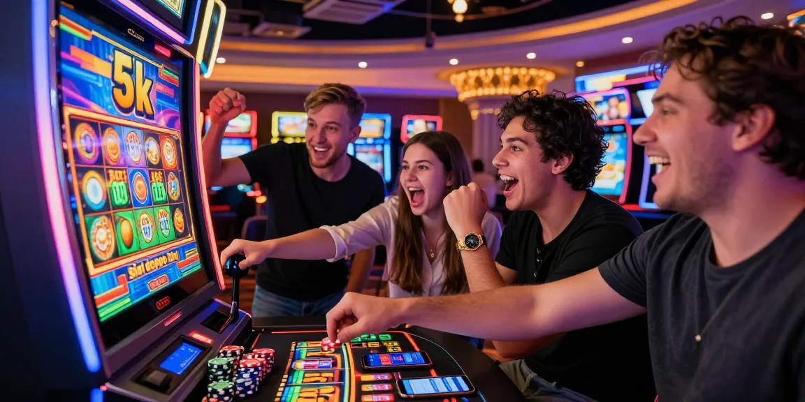 Friends celebrating around a digital slot depo 5k machine in a lively casino environment