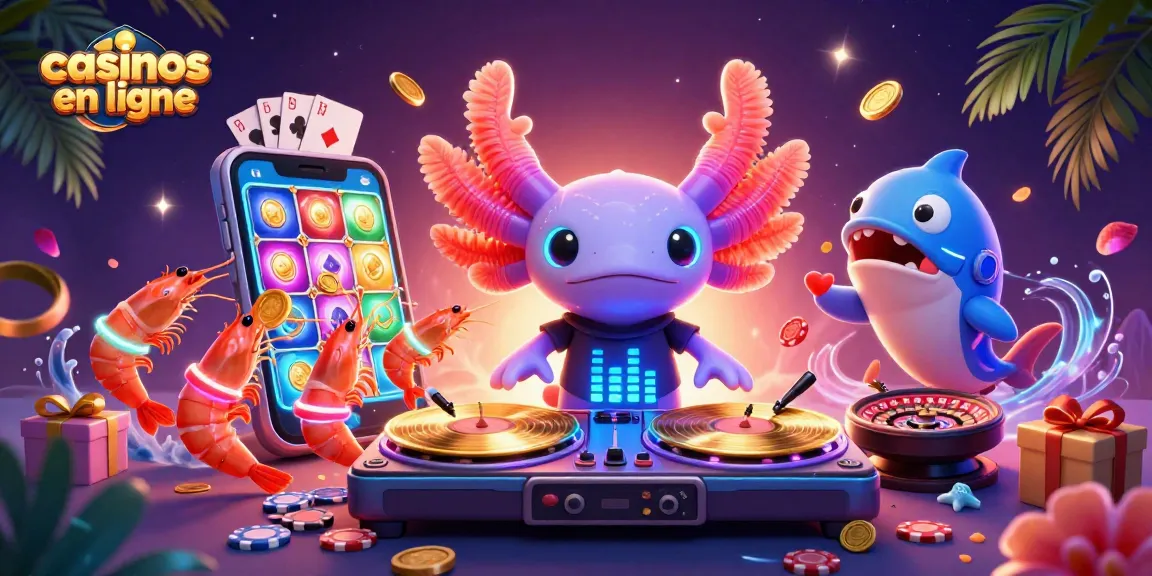 Des axolotls DJ animant des jackpots aux casinos en ligne, entourés de jeux de casino vibrants.