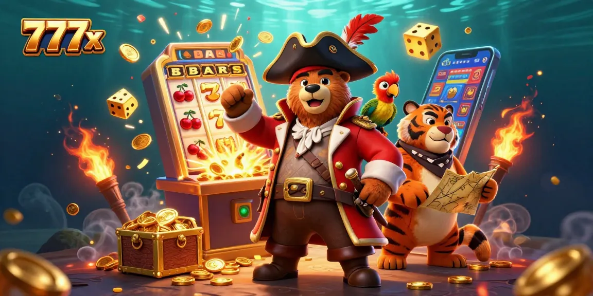Experience the excitement of 777x with a vibrant 3D pirate scene filled with slot machines and colorful casino elements.