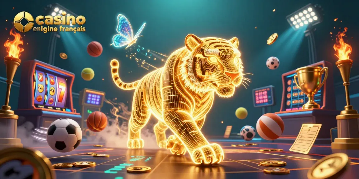 Articles de casino en ligne français avec un tigre doré lumineux et de nombreux éléments de jeu dynamiques.