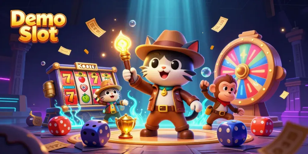 Engage with Demo Slot as a cartoon explorer cat discovers treasures, surrounded by vibrant slot game elements.