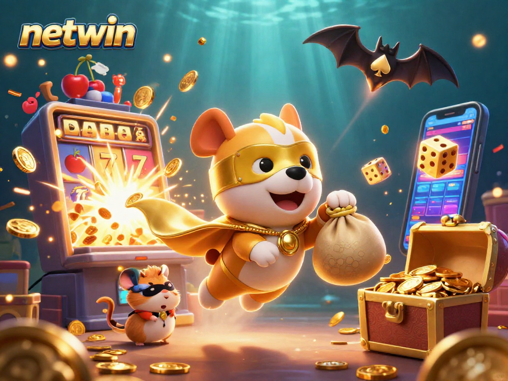 Experience the thrill of netwin with a superhero dog flying through a vibrant casino scene bursting with excitement.