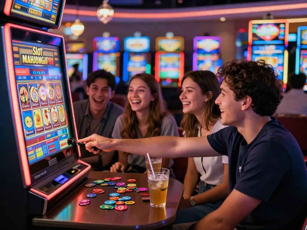 Friends excitedly playing Slot MAHJONGJP88 at a vibrant casino lounge.