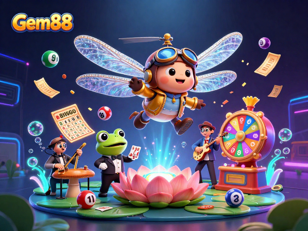 Experience Gem88 with vibrant casino action featuring a dragonfly pilot, frog croupier, and lively jazz band.