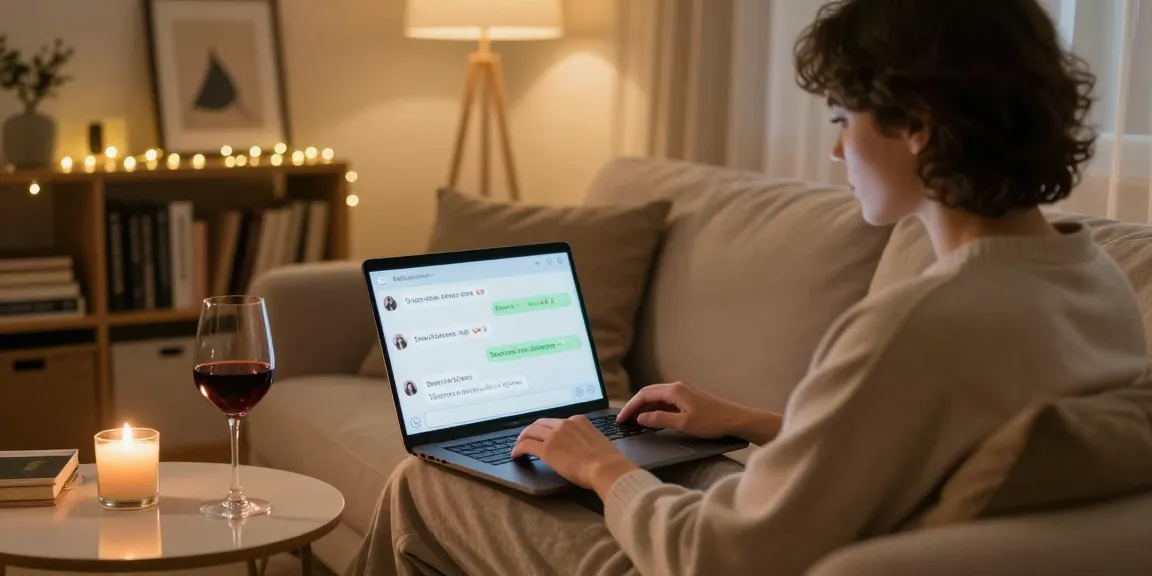 Engaging in ai nsfw chat in a cozy living room setting with laptop, wine, and soft lighting