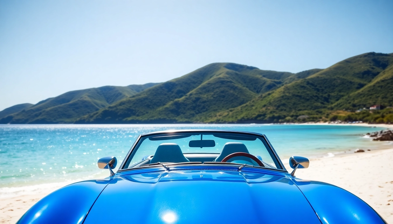 Rent a car St Barth with a colorful convertible on a scenic beach.