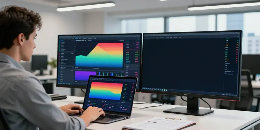 Trader using TradingView with financial charts in a modern office workspace.