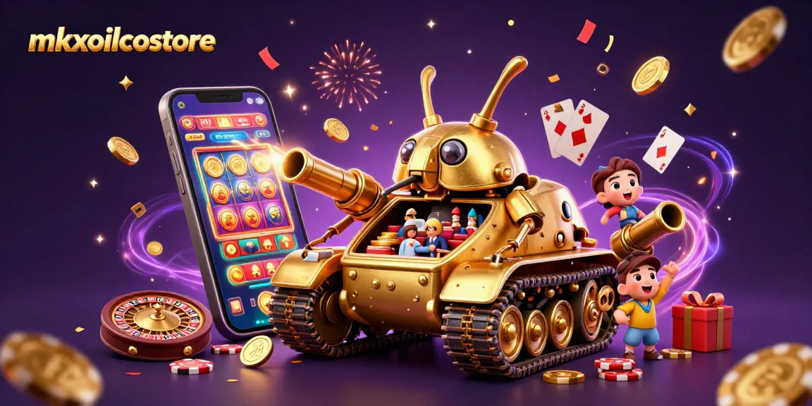 A vibrant mkxoilcostore scene with a golden beetle tank revealing a mini casino, surrounded by slot game elements.