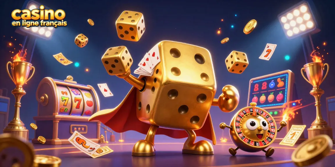 Jouez à casino en ligne français avec des dés dorés et des éléments de machines à sous, une scène dynamique et colorée.