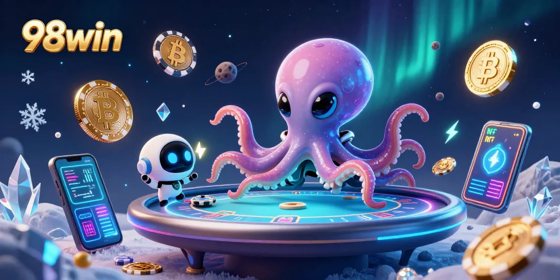 Experience the excitement of 98win with a vibrant, 3D gambling scene featuring an alien octopus and cryptocurrency coins.
