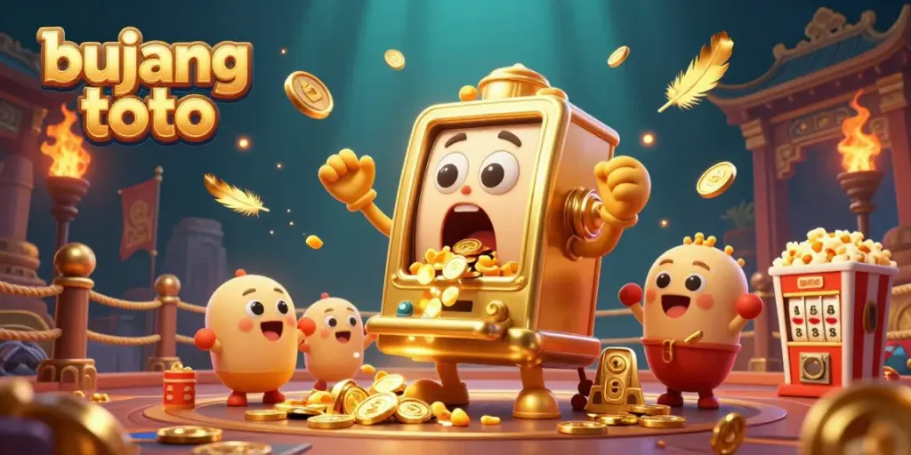 Bujang toto slot machine hits a jackpot, surrounded by cheering baby slots and a popcorn machine.