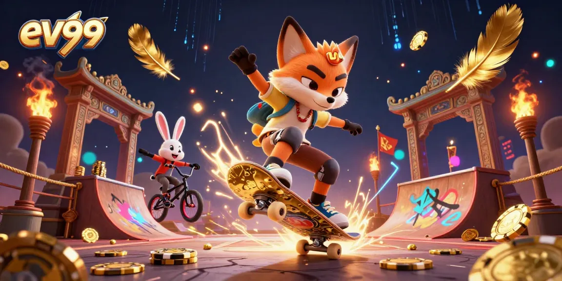 Experience thrills with ev99 as a skateboarder fox and BMX rabbit embody casino energy.
