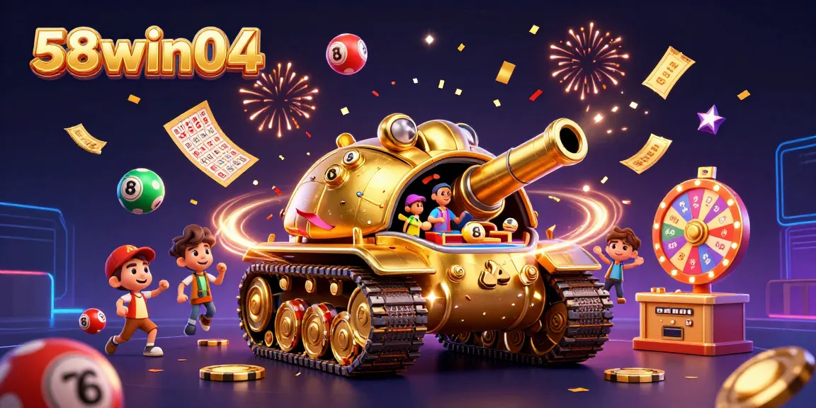 Experience the excitement at 58win04 with a vibrant casino scene inside a golden beetle tank, bursting with energy and lottery balls.