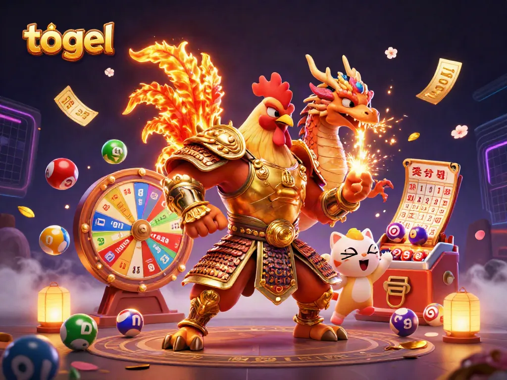 Permainan togel yang menarik dengan karakter ayam jantan dalam armor samurai dan naga, penuh warna dan detail