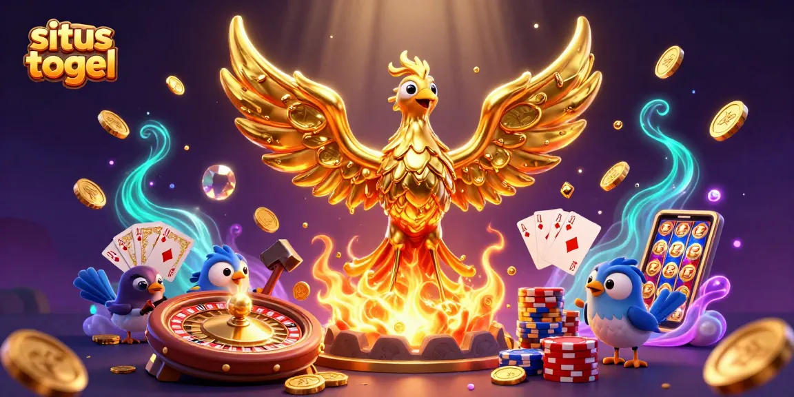 Situs togel illustration featuring a golden phoenix, coins, and casino elements in a vibrant 3D scene.