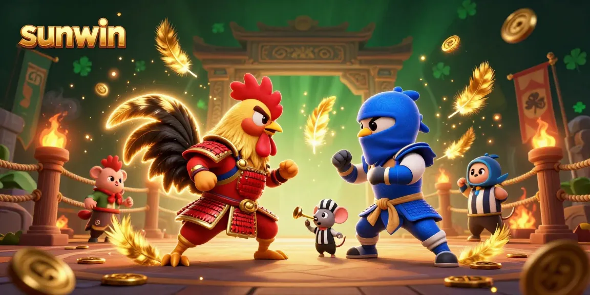 sunwin showcases a dramatic standoff between roosters in colorful armor, embodying the spirit of spirited casino battles