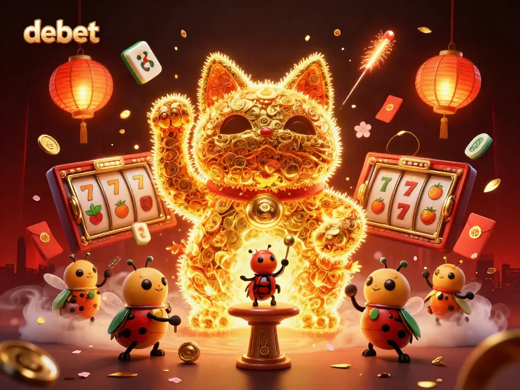 Catch exciting wins at Debet with a golden cat symbolizing casino luck amidst stunning 3D illustrations.
