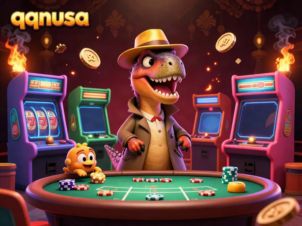 Engage in thrilling gameplay at qqnusa with a dynamic 3D velociraptor card counter amidst colorful slot machines.