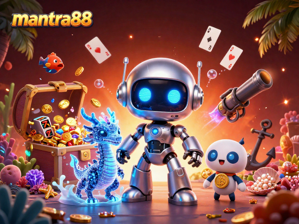 Experience the thrills of mantra88 with a vibrant, dynamic casino scene featuring futuristic characters and slot game elements.