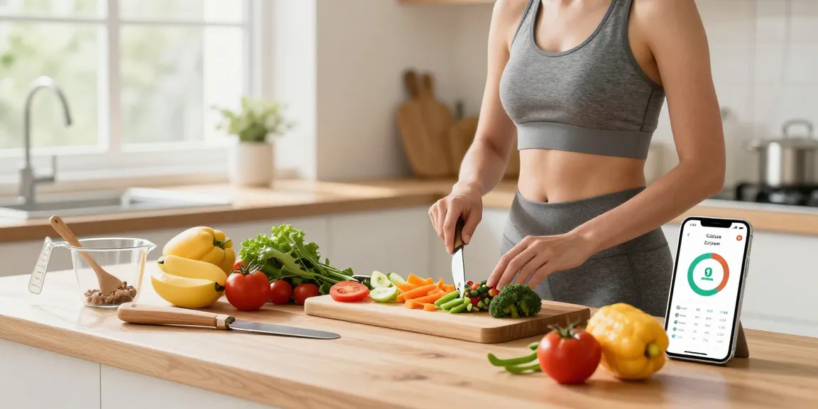 Healthy cooking with the best calorie tracker app visible on a digital device.