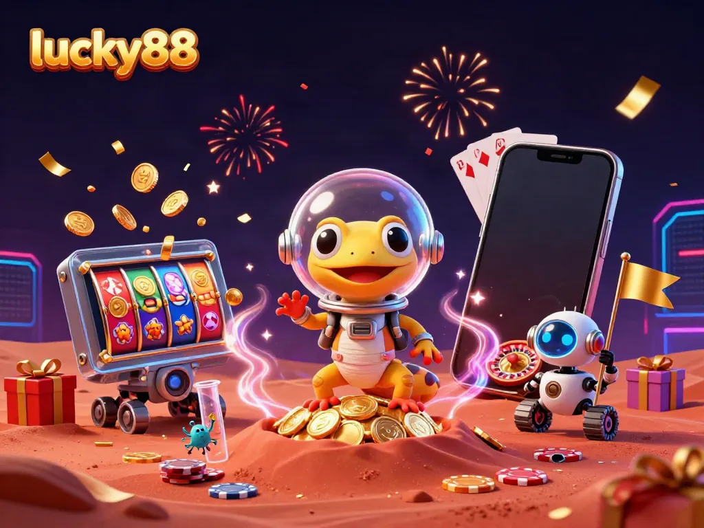 Experience the excitement of lucky88 with a Martian gecko discovering a golden casino amidst vibrant slot games and dynamic celebrations.