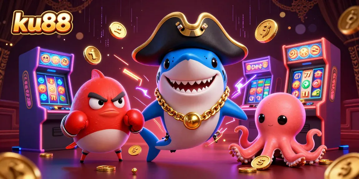 Engage with ku88 through a lively illustration showcasing a pirate shark, pufferfish, and octopus in a vibrant casino setting.