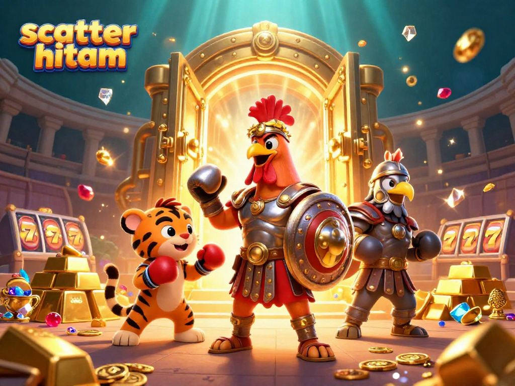 Engage with scatter hitam slots using golden treasures as rewards in this dynamic casino scene.