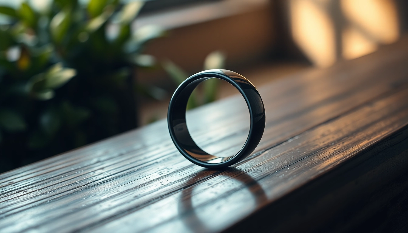 Showcasing a stunning Black Zirconium Rings on a polished wooden surface, highlighting its glossy finish.