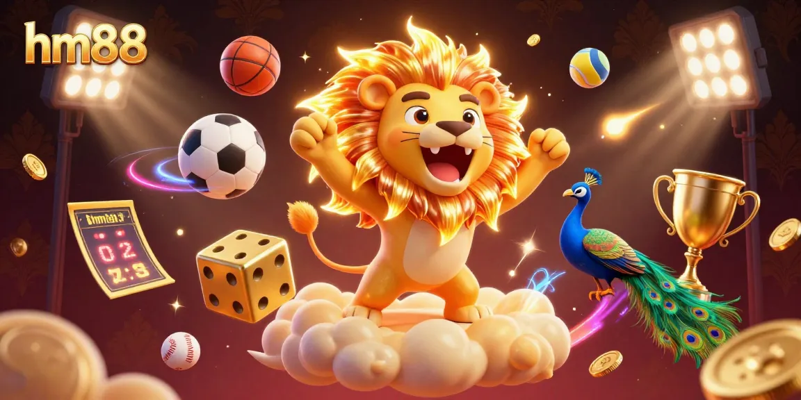 Experience thrilling gaming with hm88's vibrant digital casino illustration featuring golden dice and a roaring lion.