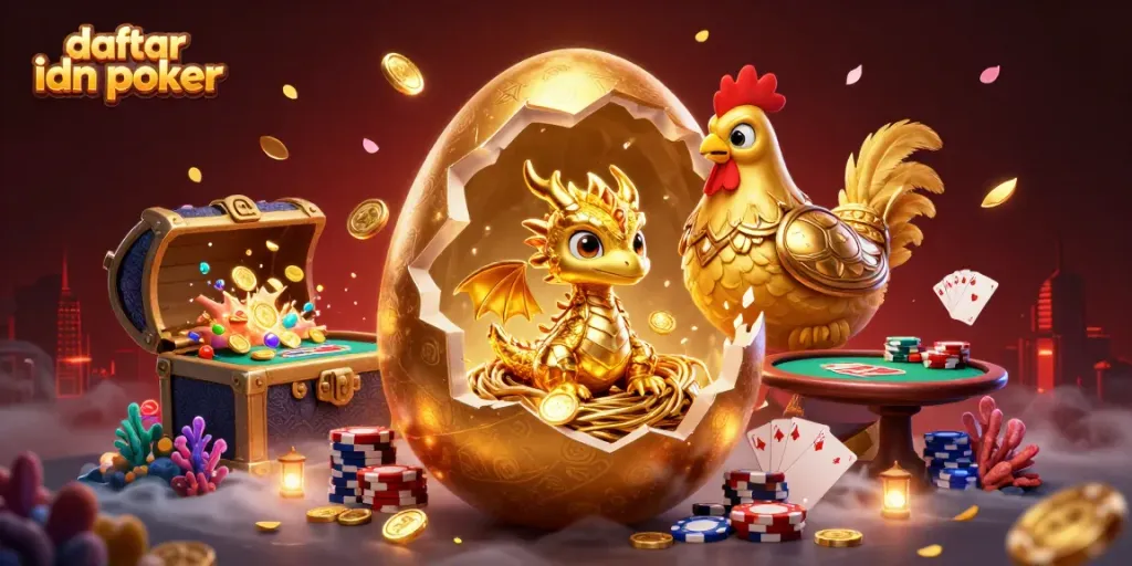 Engage in thrilling online poker action with daftar idn poker, featuring a stunning golden dragon and poker elements.