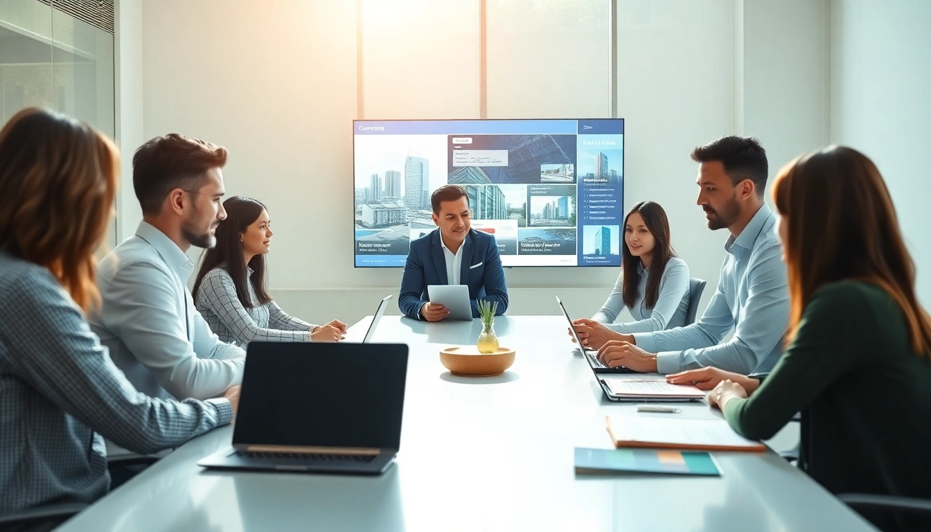 Real estate developer using an AI content engine for property developers in a collaborative office setting.