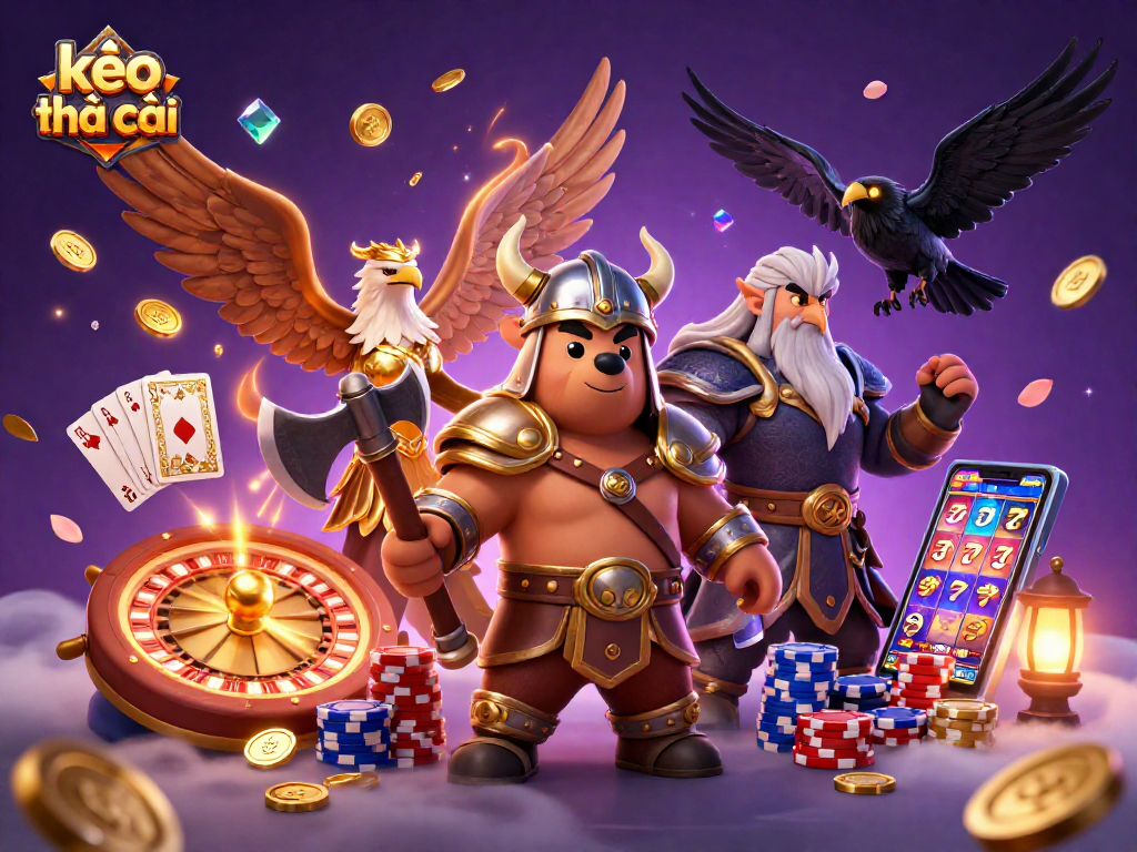 Experience kèo nhà cái with a vibrant 3D casino illustration featuring Viking and gaming elements.