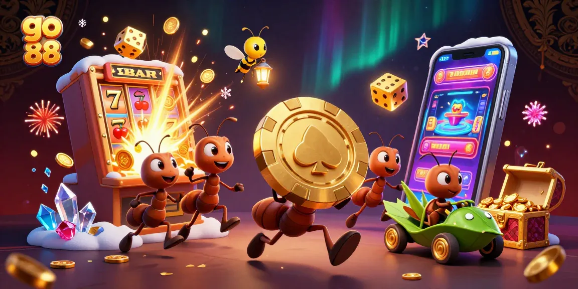 Experience the thrill of go 88 with cartoon ants heisting a giant poker chip in a vibrant casino scene.