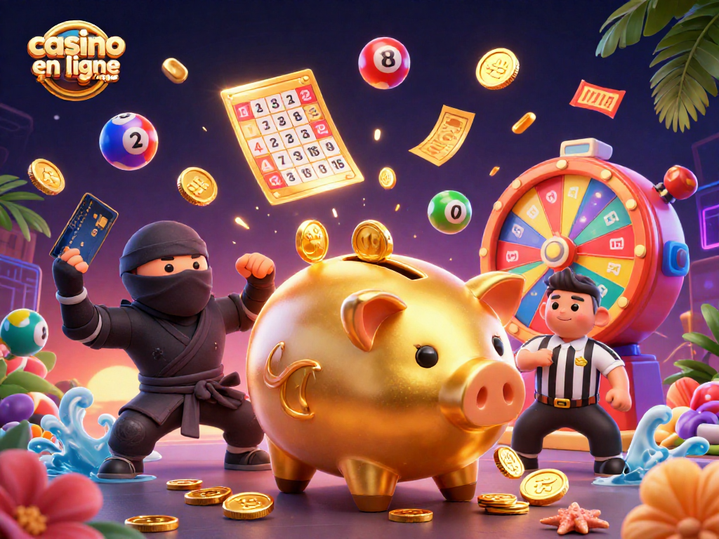 Illustration dynamique d'un casino en ligne français, montrant un sumo en banque d'or et des éléments de jeu.