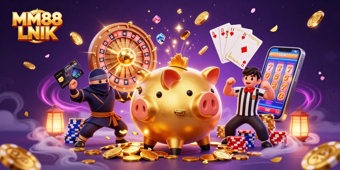 Experience thrilling action with MM88 LNIK at this 3D casino illustration featuring a sumo wrestler, ninja, and referee.
