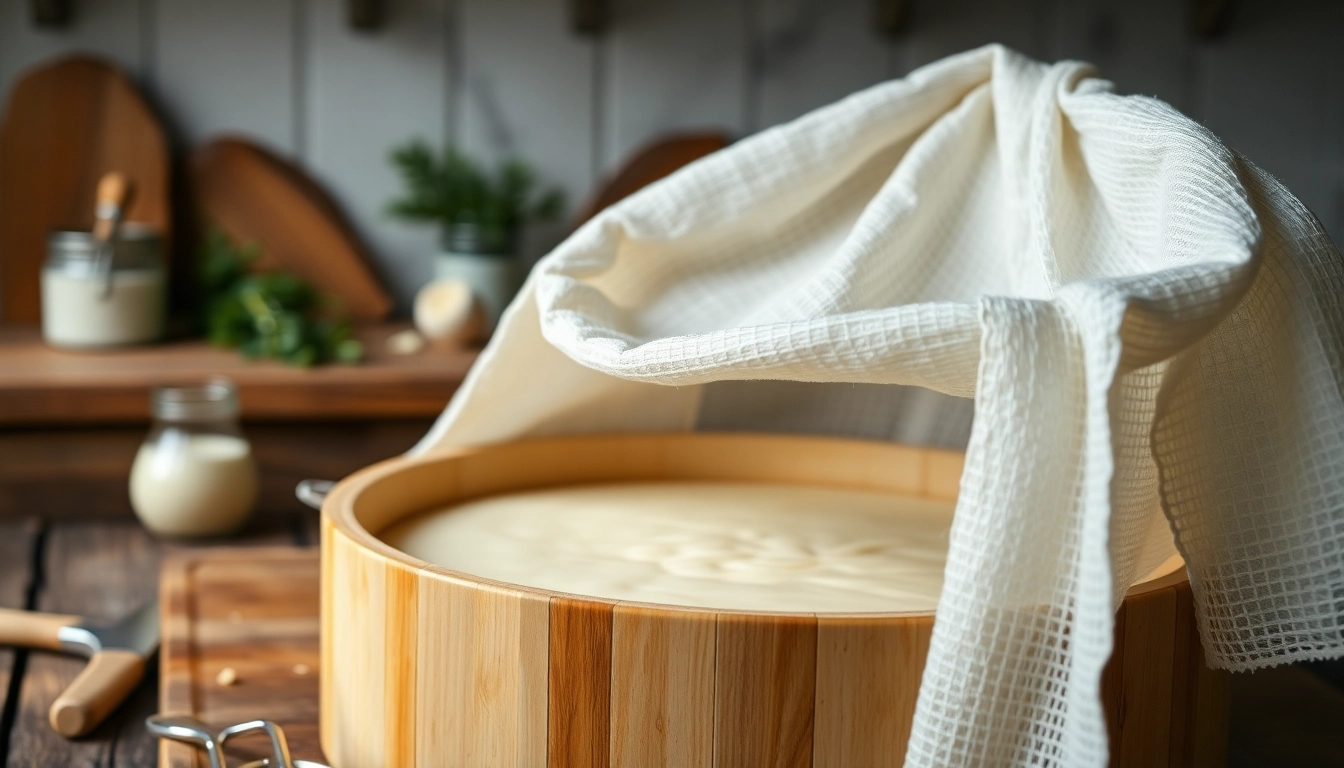 Gebruik van een kaasdoek om melk in een traditionele kaasvorm te zeven, met texturen en ingrediënten op de achtergrond.