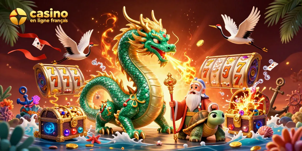 Illustration dynamique illustrant un casino en ligne français avec un dragon, une tortue sage et des grues porte-bonheur.