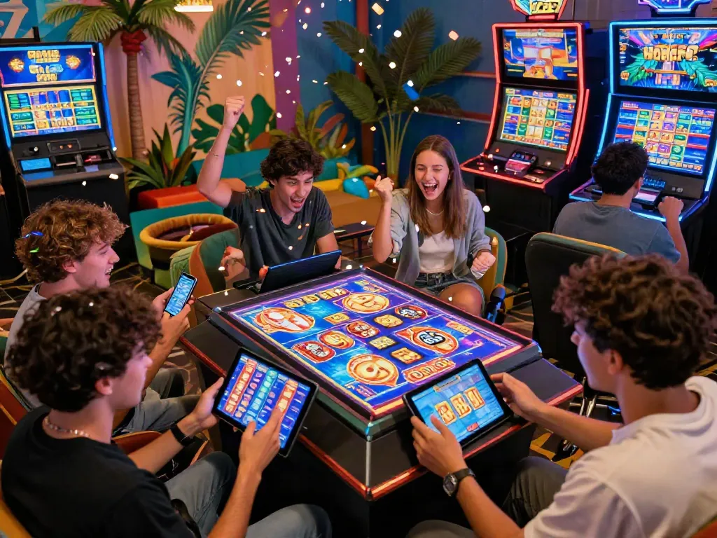 Exciting players enjoying slot gacor maxwin games on mobile devices with vibrant atmosphere.