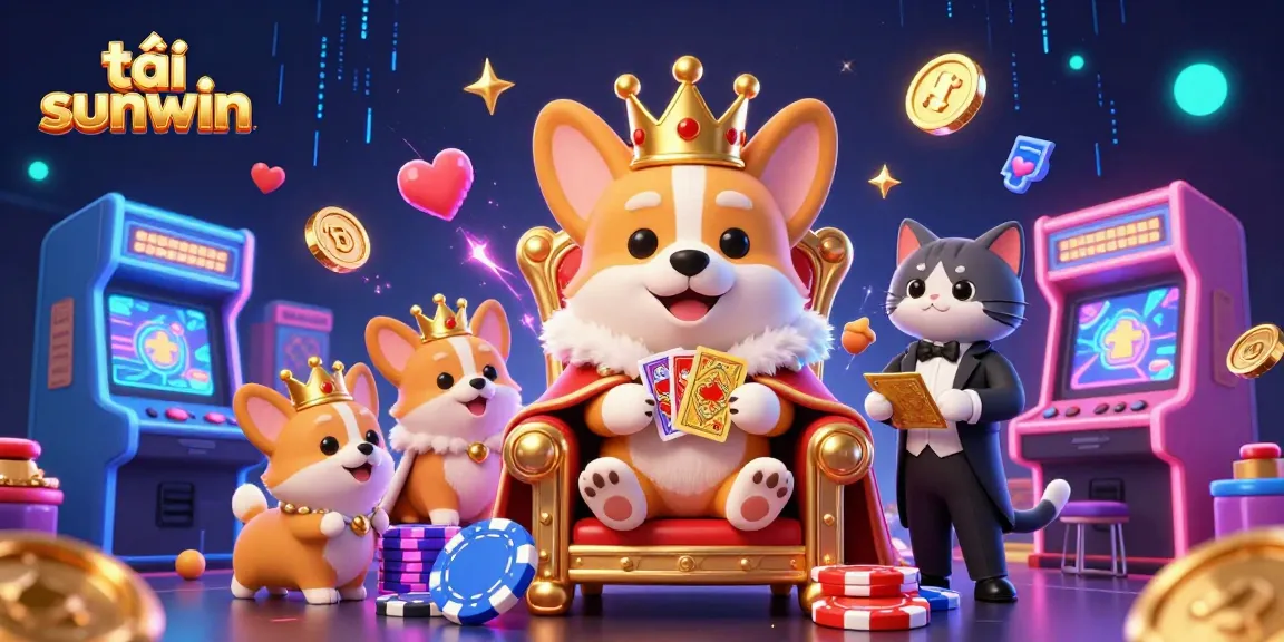 Engage in thrilling gameplay with tải sunwin featuring a royal corgi on a throne, surrounded by vibrant casino elements.