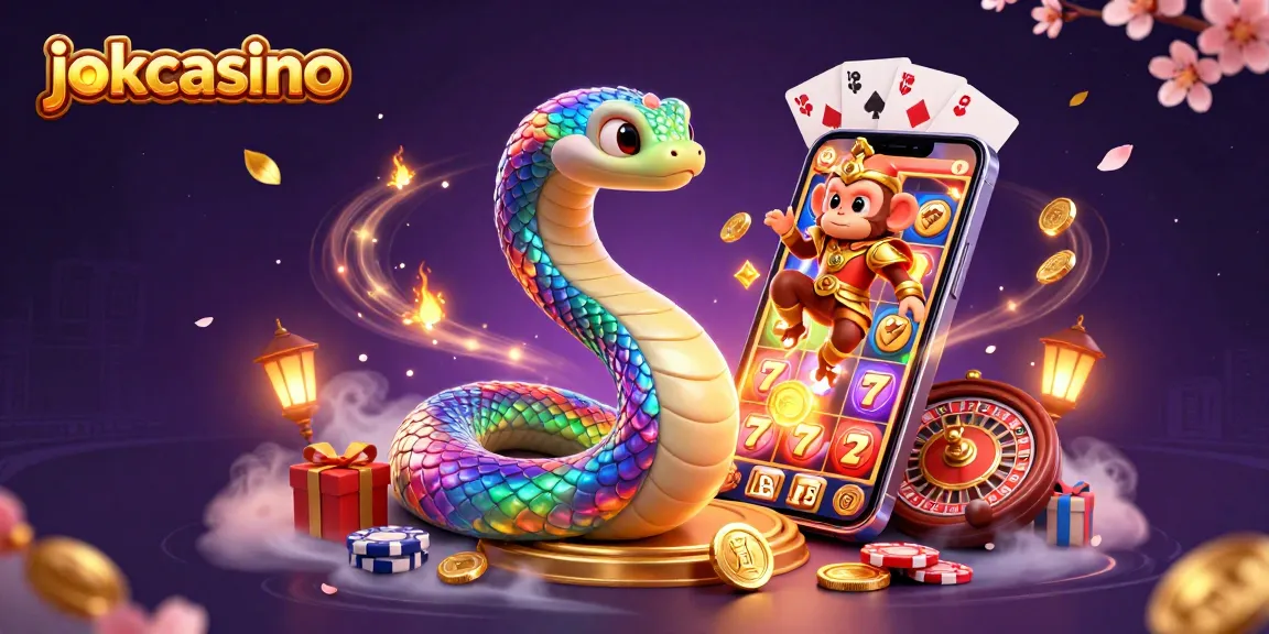 Engage with jokacasino in a vibrant 3D scene featuring a serpent, monkey king, and casino elements.