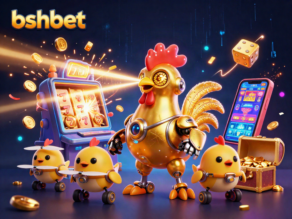 Bshbet showcases a vibrant 3D illustration of a golden rooster robot amidst a jackpot explosion, attracting gamblers.
